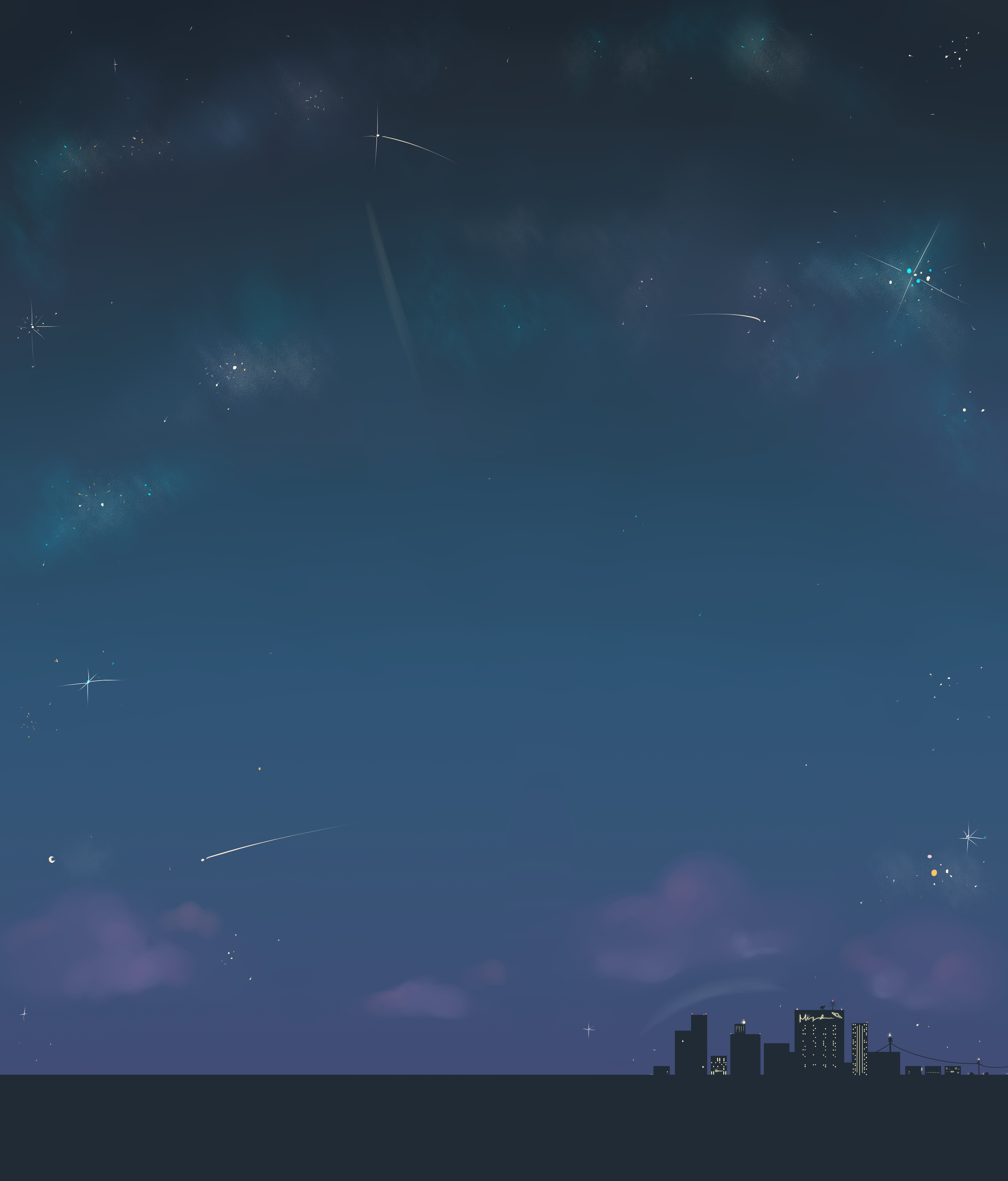 A painted space scene with a small cityscape.